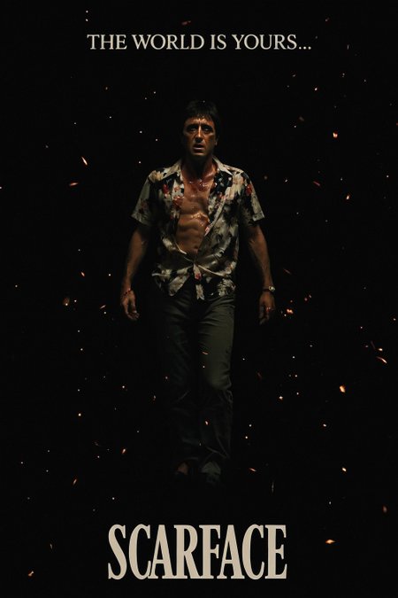 cinematic poster, Tony Montana floating in pitch-black negative space, floral shirt unbuttoned and slowly unraveling, expression unreadable, tiny flecks of burning debris suspended midair like stars, extreme wide shot, minimal composition with centered vertical symmetry, mood of existential dissolution and cosmic punishment, subtle red rim light on his face and chest, color theme of void black, embers, and ghost-white, style reference Under the Skin’s slow-burn surreal horror, SCARFACE, “THE WORLD IS YOURS…”

