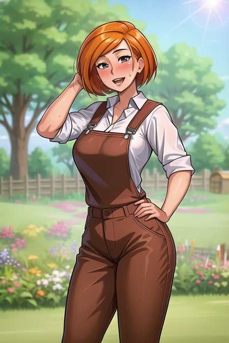 <lora:ann_possible:.6>, ann possible, masterpiece, best quality, 1girl, blurry, blurry foreground, blush, breasts, collared shirt, fence, grass, hay, lens flare, looking at viewer, open mouth, orange hair, outdoors, overalls, shirt, sleeves rolled up, smile, solo, standing, sweat, torn clothes, tree, mature female,