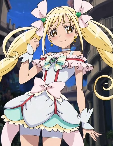 score_9, score_8_up, score_7_up,anime screencap,1girl,solo,cureecho, white choker, waist bow, choker, pink bow,  smile, magical girl, hair ornament, ribbon, jewelry, skirt,wrist cuffs,  hair ribbon, looking at viewer, dress, bike shorts under skirt, frills, brooch, heart,medium breasts,blush,<lora:cureecho:0.8>