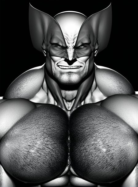 solo, 1boy, muscular male, masculine male
, wolverine, cocky smirk, big pecs, looking at viewer, pectoral focus, hairy, monochrome, dark background
, hands out of frame, view from above, detailed face, detailed eyes
, <lora:Ripped-Saurian_Style_PonySDXL-000018:1>, score_9, score_8_up,