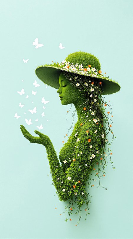 A captivating minimalist illustration of a female figure, seemingly sculpted from green ma grass. She has a wide-brimmed hat adorned with delicate white flowers, and her hair cascades down, intertwined with small white and orange blossoms. With a gentle hand, covered in green moss and flowers, she releases a flutter of white butterflies. The background features a textured light blue hue, providing a striking contrast to the vibrant green and white elements of the figure. This enchanting scene captures the essence of nature's harmony and beauty.