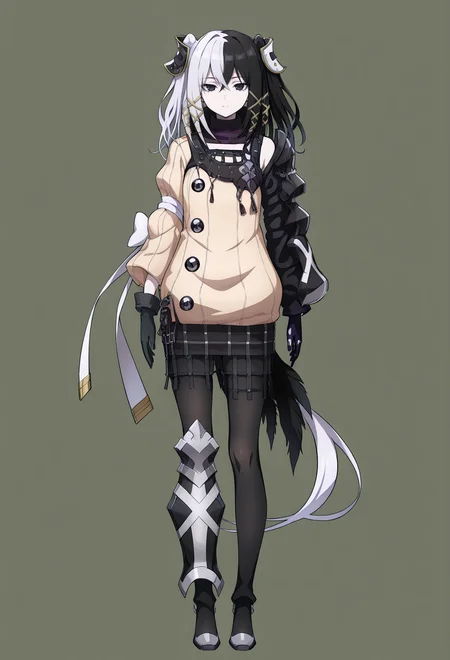 masterpiece, best quality,
1girl, solo, full body, 
standing,
looking at viewer, expressionless, 
simple background, green background,
 <lora:Zesshi_Zetsumei:1> Z3ssh1Z3ts0m31, white hair, multicolored hair, black hair, long hair, two-tone hair, black eyes, 
gloves, jewelry, black gloves, hair ornament, skirt, pantyhose, ribbon,