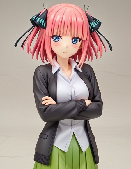 score_9, score_8_up, score_7_up, source_anime,
ninonakano, <lora:nino-nakano-s2-ponyxl-lora-nochekaiser:0.5>, 
nino nakano, short hair, bangs, blue eyes, hair ornament, hair ribbon, pink hair, blunt bangs, two side up, butterfly hair ornament, mature female,
skirt, shirt, long sleeves, white shirt, pleated skirt, open clothes, collared shirt, sleeves past wrists, dress shirt, cardigan, green skirt, open cardigan, black cardigan,
<lora:alter-figurines-ponyxl-lora-nochekaiser:1>, alter figurine, 1girl, blush, crossed arms, solo,
