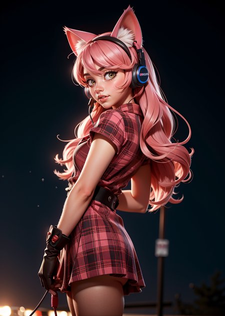 1girl,  cat ear headphones, cat ears, dress, gloves, headphones, lips, long hair, pink hair, rain, solo,  looking at viewer, bokeh,feet out of frame, from side,  head tilt, arms behind back, plaid scarf, 
masterpiece, best quality, <lora:epiC35mm:1> epiC35mm <lora:epiCRealismHelper:1>,  <lora:contrast_slider_v10:2>
 <lora:weight_slider_v2:0.6> <lora:add_sharpness:1.0><lora:add_sharpness:1.0>