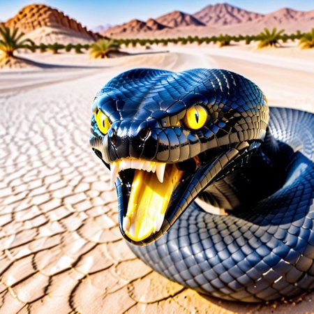black cobra ,in the desert  , with yellow eyes, covered with black scales, bearing its pure white fangs in its open mouth