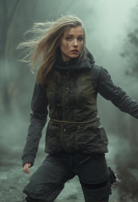 a russian  woman   ,(Japanese tech wear:1.4) , style by Rick Remender
 , Motion blur, action,
