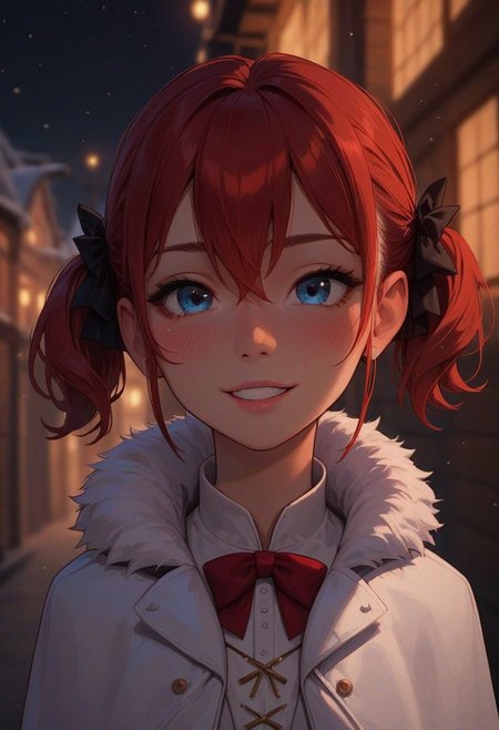 score_9, score_8_up, score_7_up, score_6_up, 
1girl, 25 years old, perfect face, cute, petite,
blue eyes, 
red hair, short hair, short twintails, hair between eyes, hair bow, 
fur trim, fur capelet, white coat dress, fur-trimmed dress, red bow, 
blush, shy smile, portrait, face focus, depth of field, looking at viewer, 
snowing, winter, village,