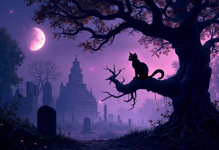 A Gothic-style night scene with a small black cat silhouetted on a twisted tree branch, illuminated by a crescent moon. The scene is awash in deep purple and black hues, with a starry sky adding to the eerie atmosphere. Glowing edges around the cat and tree, along with intricate shadows and Victorian Gothic elements, contribute to the detailed textures and high contrast of this mystical, somber composition.Small, soft glows from fireflies hovering around the tree, adding a magical touch.Soft, unsettling lights emanating from cracks in the earth or near old gravestones.Large, exposed roots twisting through the ground, adding texture and age to the scene.Vague, human-like silhouettes barely visible in the distance, adding a sense of presence.A faint, focused beam of light that highlights the cat, making it the focal point.Thick cobwebs stretched between branches or around old structures, catching the light.Leaves gently rustling and blowing across the ground, adding movement to the scene.Intricate, realistic bark textures on trees, showing every crack and rough surface.Small branches, twigs, and scattered leaves on the ground, adding to the natural disorder.Fog that varies in density, thicker in some areas and thinner in others, creating depth.Colors that appear slightly faded or weathered on plants and structures, adding to the aged, realistic look.


























