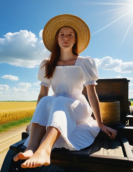 photo of ccamber, low angle, front view, long brown hair, freckles, straw hat, wind, white medieval dress, puffy short sleeves, sitting on edge of wagon, barefoot,  <lora:ccamber_v2:0.8>   <lora:wagon_v1b_pny:1> on_wagon, outdoors, sunlight, road, wheat field, <lora:Dramatic Lighting Slider:1>, blue sky, white clouds, score_9, score_8_up, score_7_up,, RAW candid cinema, 16mm, color graded portra 400 film, remarkable color, ultra realistic, textured skin, remarkable detailed pupils, realistic dull skin noise, visible skin detail, skin fuzz, dry skin, shot with cinematic camera