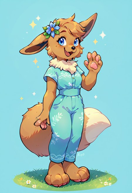 score_9, score_8_up, score_7_up, source_furry, ellie, claws, feet, :3, hair flower, ears down, happy, hand up, pawpads, standing