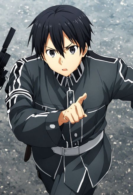 high resolution, solo, best quality, 1Boy, Kazuto Kirigaya, Black Hair, Black Eyes, military, action, OverallDetail