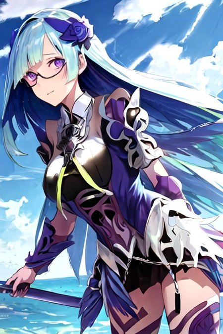 solo_focus, 1girl, (((masterpiece))), ((best quality)), ((ultra-detailed)), high resolution, absurdres, highres, ultra-detailed 8k unity wallpaper, 
brynhild_fgo, long_hair, purple_eyes, very_long_hair, breasts, bangs, blush, blue_hair