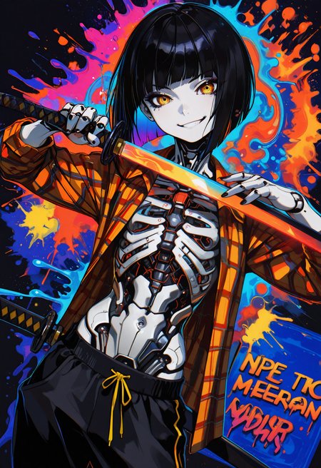 embedding:lazypos, 1girl, black bob, bangs, holds katana in hand, leans on katana, katana forward, ((open orange plaid shirt)), sweatpants, abs, skinny, relief body, muscular, look at viewer, emotionless expression, cruel smirk, battle posture, strict posture, yellow eyes, black mascara, cyberpnuk ninja, cyber futurism, cyberpunk, techno punk, dark theme, action theme, simple background, plaid zentangle pattern, cubism, abstractionism, realism, tribal tattoo, (ink graffiti with neon glow in traditional japan style:1.2), close up, dutch angle, epic portrayal illustration, (splash art style merges with sketch art style), erotic, revealing, lewd, sexy, color palette contain red, black, blue, yellow colors, dark soft colors, matte illustration,  <lora:TrendCraft_The_Peoples_Style_Detailer-v1.0A-3_13_2025-NoobVPRED:0.2>