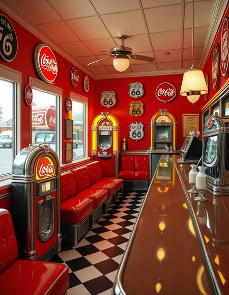 A classic 1950s American diner with a nostalgic retro atmosphere. The interior features red and white leather booth seating, chrome-trimmed tables, and a long counter with matching red barstools. A vintage jukebox with colorful neon lights stands against the wall, ready to play rock 'n' roll hits. The checkered black-and-white floor contrasts with pastel-colored walls adorned with Coca-Cola signs, Route 66 memorabilia, and classic diner menus. A row of shiny chrome napkin dispensers and glass salt and pepper shakers sit neatly on the tables. A milkshake machine and an old-fashioned soda fountain rest behind the counter, next to a vintage cash register. Large windows let in soft daylight, reflecting off the gleaming surfaces, creating a warm and inviting retro ambiance.
<lora:SDXLFaeTastic2400:0.4> <lora:extremely_detailed:0.4> extremely detailed,1950s American d1n3r, <lora:1950s_American_d1n3r-i:1>, Masterpiece,best quality,hi res,8k,hi res,8k,award winning,(sharp focus, intricate, highly detailed),
