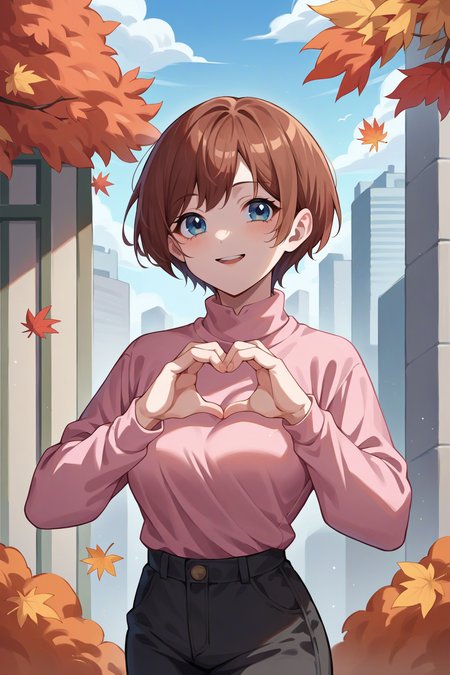 score_9, score_8_up, score_7_up, score_6_up, source_anime, 1girl, solo <lora:sblily-pdxl-nvwls-v1-000005:1> sblily, brown hair, short hair, blue eyes, black t-shirt, pink sweater, black pants, autumn, turtleneck, city, smile, looking at you, medium breasts, heart hands