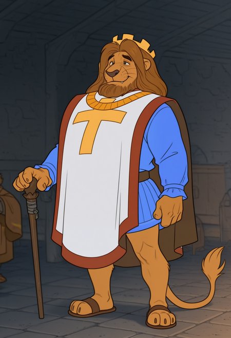 masterpiece,best quality,amazing quality, 1boy, solo, r1ch4rd, lion, richard's crown, richard's tabard, richard's tunic, richard's sandal, richard's necklace, richard's cane, full body,