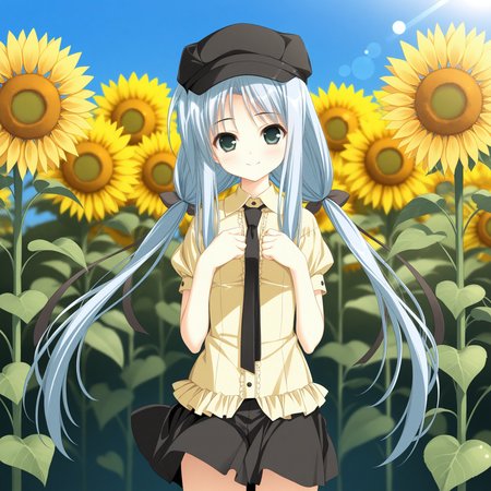 <lora:Nonohara_Hinazakura_1_nai-000038:1>,Nonohara Hinazakura,twintails,hair ribbon,black ribbon,
black necktie,yellow shirt,black hat,black skirt,miniskirt,collared shirt,frills,
1girl,solo,smile,standing,straight-on,looking at viewer,front view,wind,day,own hands together,hands on own chest,floating hair,sunflower,sunflower field,depth of field,lens_flare,