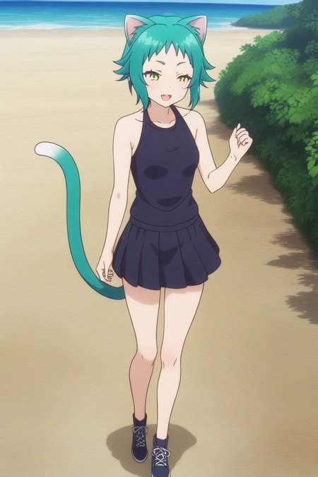 beach, yy-yaya, cat ears, cat tail, medium breasts, 1girl, solo, skinny, masterpiece, absurdres, high quality, highres, best quality, (full body:1.20), (standing), recent, outdoors, happy <lora:yy-yaya-V01:0.70>