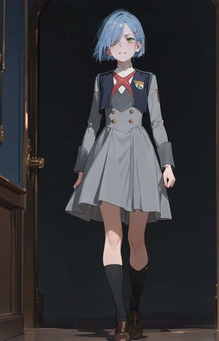 perfect quality,high quality,masterpiece,best quality,amazing quality,very aesthetic,absurdres,Cinematic Lighting,newest,
front view,full_shot,Biting lip,
IchigoCYQL,1girl,solo,blue hair,short hair,green eyes,hairclip,hair ornament,hair over one eye,uniform,military uniform,dress,grey dress,long sleeves,socks,black socks,shoes,brown footwear,
full body,standing,grimace,,
darkblue background,simple background,
<lora:spo_sdxl_10ep_4k-data_lora_webui:0.5>,<lora:illustrious_all_rated_v1:0.6>,<lora:748cmSDXL:0.8>,748cmstyle,<lora:DarkerThanBlackIllustrious:0.5>,<lora:EtherSDXL:0.5>,EtherStyle,,<lora:IchigoCYQL:1>,
