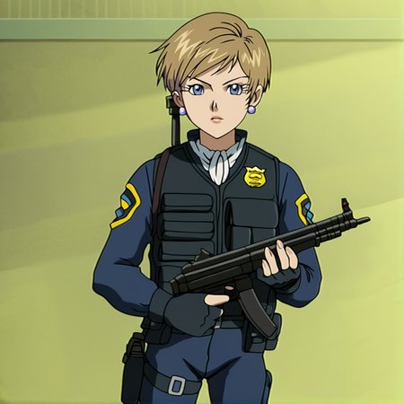 score_9, score_8_up, score_7_up, score_6_up, score_5_up, score_4_up, BREAK,  <lora:Topazsonicx:1>, topazsonicx, 1girl, solo, looking at viewer, blonde hair, gloves, holding, jewelry, weapon, earrings, fingerless gloves, holding weapon, uniform, vest, gun, holding gun, rifle, retro artstyle, holster, trigger discipline, police, police uniform, policewoman, bulletproof vest, brown hair, short hair, blue eyes, lipstick