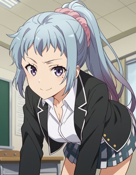score_9, score_8_up, score_7_up, source_anime,
sakikawasaki, <lora:saki-kawasaki-s2s3-ponyxl-lora-nochekaiser:1>,
saki kawasaki, long hair, hair ornament, blue hair, purple eyes, ponytail, mole, mole under eye, scrunchie, hair scrunchie, pink scrunchie,
skirt, ribbon, school uniform, jacket, black jacket, plaid, plaid skirt, blazer, sobu high school uniform,
indoors, classroom, bent over, smile,
looking at viewer, cowboy shot, solo, dutch angle,
