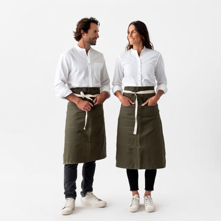 1man and 1woman, 30yo, white shirt, long sleeve buttondown, banded collar, grandad collar, woman with sleeves rolled, stockapron, olive canvas twill waist apron, natural webbing, black jeans, brown sneakers with dark gray midsole, white background, full body, <lora:juggernaut_cinematic:1.00>,  <lora:more_art:0.40><lora:midjourney:0.15>