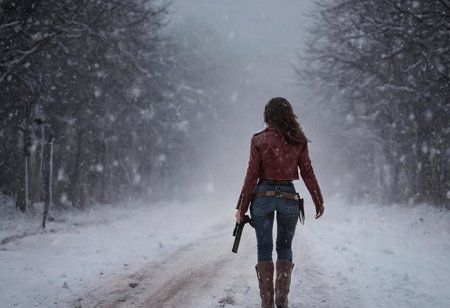 Rear View, From behind, Fargo Cover Style, snowfall, blood in snow, blood at clothes, straight Road to nowhere, foggy snow Blizzard at night, blood trail in snow, Western sexy female Cowboy, DARK Hair, Freckles, night, light from behind, unwashed, dirty, carrying gun, gun holder, very detailed, uhd, high quality
