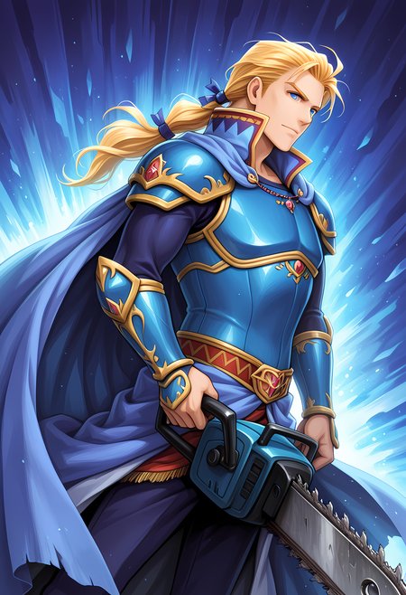 masterpiece, best quality, amazing quality, dutch angle, abstract background, BREAK
solo, male focus, 1boy, ff6_edgar, blonde hair, low ponytail, blue eyes, blue armor, cape, chainsaw, BREAK
 <lora:cfg_scale_boost:.6>  <lora:Edgar_Roni_Figaro_-_Final_Fantasy_VI_-_ILXL:1>
