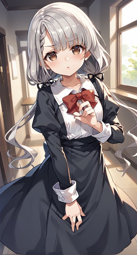 score_9,score_8_up,score_7_up,
official art,official style,game cg,megami magazine,
uncensored,
1girl,
hskwng school,hisakawa nagi,
asymmetrical bangs,bow,bowtie,braid,braided bangs,grey hair,hair ribbon,
juliet sleeves,long hair,long sleeves,puffy sleeves,red bow,red bowtie,ribbon,
twintails,black ribbon,blush,(brown eyes:0.8),collared shirt,
dress shirt,low twintails,shirt,skirt,white shirt,
black jacket,black skirt,black dress,
dress,
eyebrows visible through hair,
standing,
<lora:idolmaster_hisakawa_nagi_pony_v1.1:1>,