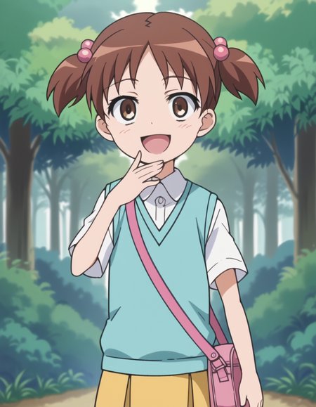 score_9, score_8_up, score_7_up, source_anime, <lora:kana-hazamaya-s1-ponyxl-lora-nochekaiser:1>, kana hazamaya, short hair, brown hair, hair ornament, twintails, brown eyes, hair bobbles, short twintails, child, anime screencap,, skirt, school uniform, sweater vest, blue sweater vest,, forest, trees, foliage, wildlife, greenery, smile, <lora:ojou-sama-pose-ponyxl-lora-nochekaiser:1>, ojou-sama pose, laughing, smug, hand to own mouth, open mouth,, looking at viewer, solo,, dutch angle, cowboy shot
