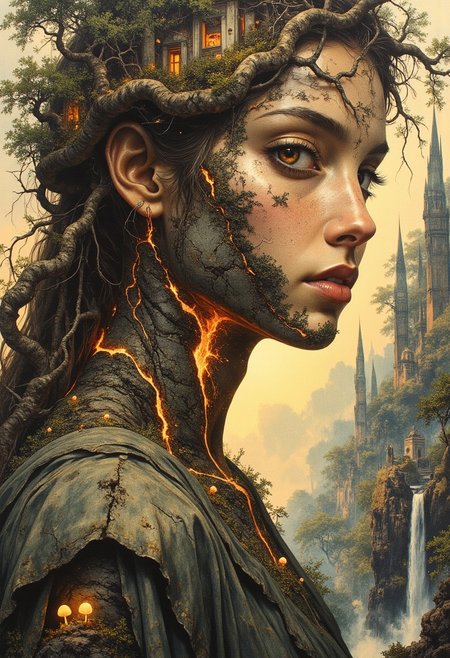 A tight head-and-shoulders portrait of a woman whose form is an extension of the earth itself. Her skin is textured like weathered stone and rich soil, with deep glowing fissures along her collarbone and neck, radiating soft golden light. Embedded veins of molten rock glow faintly beneath the surface. Her eyes are polished amber with flecks of gold and deep mossy green. Small trees and patches of dense greenery grow along her cheekbones and jawline, their leaves mist-covered and softly illuminated. Tiny glowing bioluminescent mushrooms cluster at the base of her throat. Her hair is composed of twisted vines, tangled roots, and blooming wildflowers, interwoven with fallen leaves and delicate petals. As it flows downward, it transforms into a dense, sprawling forest covering her shoulders, where miniature treetop villages are nestled among the branches. Small lanterns hang between the trees, casting a soft, golden glow. Her shoulders and collarbones form rolling hills, with small waterfalls cascading down her form, creating mist that drifts gently through the air. Clear rivers carve through the terrain, their surfaces reflecting warm sunlight. Tiny stone bridges arch over winding streams. Along the slopes of her shoulders, ancient stone ruins, partially covered in ivy, rest in quiet decay. The background is softly blurred, showing golden sunlight.