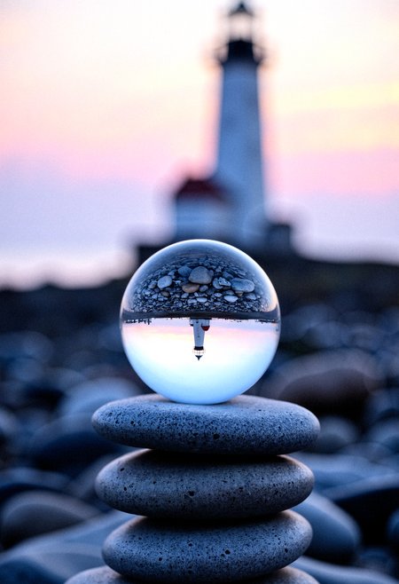 "A serene coastal scene captured through a flawless crystal sphere, its surface reflecting an upside-down view of smooth, weathered pebbles and a distant lighthouse. The glassy orb rests atop a stack of gray stones, each one polished by time and the ocean's waves. The lighthouse, blurred yet majestic, stands against a tranquil twilight sky, blending shades of pastel pink, lavender, and blue as the sun dips below the horizon. The foreground details include the smooth textures of the stones and the orb's reflective surface, contrasting the soft, hazy backdrop of the sea and lighthouse, creating a calming, dreamlike atmosphere."
 <lora:FluxDFaeTasticDetails:0.2> <lora:aidmaHyperrealism-FLUX-v0.3:0.8>