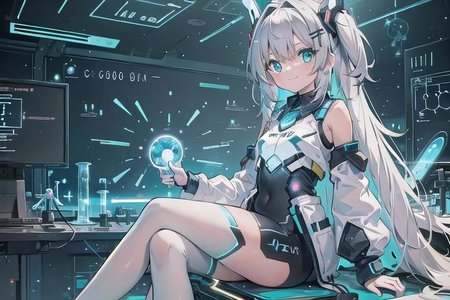 (masterpiece), (science fiction:1.4), 1girl, sitting, smile, silver hair, aqua eyes, headgear, long sleeves, detached sleeves, glowing energy clothing, light particles
