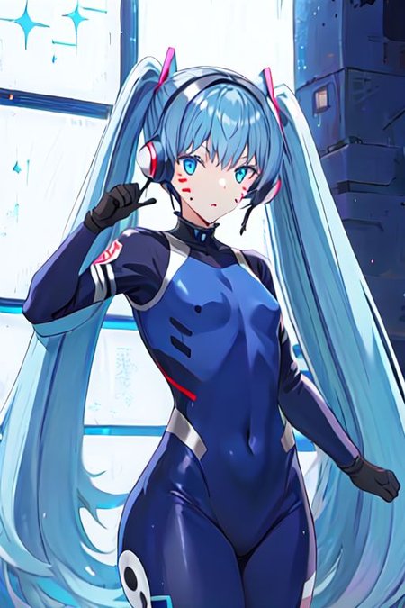 solo, 1girl, solo_focus, 
hermit mio, long hair, blue eyes, twintails, very long hair, blue hair, facial mark,, headphones, gloves, bodysuit, covered navel, pilot suit,