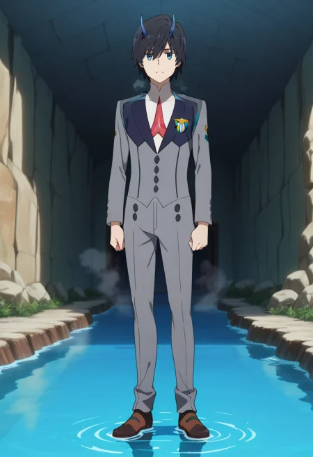 masterpiece, best quality, , anime screencap, anime coloring, official style, looking at viewer, 1boy, solo, male focus, <lora:hiro_franxx_ilxl:0.94>, hiro_franxx, black hair, blue eyes, bangs, blue horns, oni horns, volcanic pools, steam vents, colored water, rocky terrain, testing temperature, careful expression, afternoon, Pleated corduroy pants, Suit jacket, Monk strap shoes, ,
