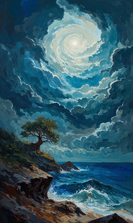 A dramatic seascape painting or digital illustration. 
The sky is a swirling mix of deep blues and grays, thick, textured clouds that create a sense of depth and vastness. A luminous, almost ethereal, light source is present within the clouds, perhaps a moon or sun, creating a glowing vortex effect. The clouds seem to be dense and dramatic.
A solitary, gnarled tree stands on a rocky shoreline. The branches of the tree reach out dramatically, almost like a reaching, skeletal figure against the sky. 
The foreground shows choppy, turbulent water that appears to be crashing against the rocky shore. The rocks are dark gray and brown, rough textured, and the water is a similar muted tone. 
The overall color palette is muted and evocative, with deep blues, grays, and hints of pale light creating a sense of mystery and a dark romantic or even fantastical atmosphere.  The scene is both serene and wild., <lora:FLUX-daubrez-DB4RZ-v2:1> DB4RZ, DB4RZ style painting, <lora:Test_OS:0.8>