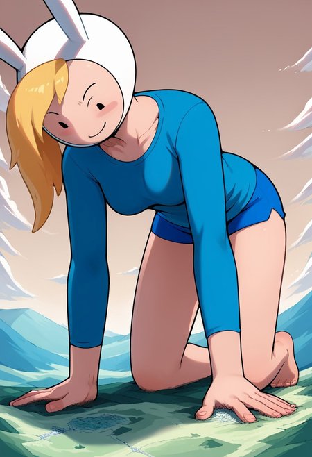 score_9, score_8_up, score_7_up, source_anime, macro,1girl,landscape,solo, pov, sky, on all fours,crawling,side view,smirk,full-body view, looking down, Fionna, fionna the human girl, blue shirt, barefoot, barefeet, toes, long sleeve shirt, collarbone, blue mini shorts, <lora:TeradaOchiko1:1>