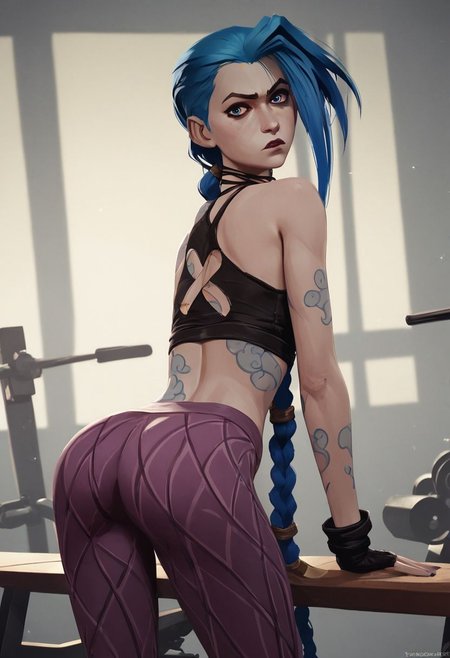 Realistic, 4k, crisp image, clear, detailed, score_9, score_8_up, score_8, volumetric lighting, vibrant colors, blue hair, jinx, huge tits, tits bursting out of her top. Annoyed look on her face. Bent over in the gym wearing yoga pants. Looking back at viewer. She is ripping her yoga pants open