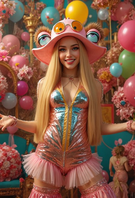 In a vividly colorful, surreal setting resembling a dreamscape, a young Scandinavian model stands exuberantly, surrounded by bizarre props and extravagant decor. Her outfit sparkles with sequins, and she sports a playful expression. LaChapelleâs hyper-real style infuses the scene with energy and whimsy, transforming the model into a larger-than-life character bursting with personality. , Unearthly<lora:MyLoras\Scandinavian Girls Oct4th\ScandiGirl_Style-000015.safetensors:1.0:1.0>