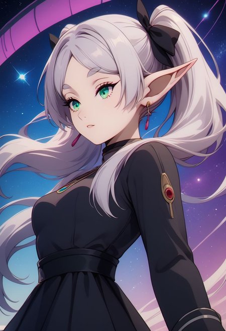 score_9, score_8_up, score_8, medium breasts, (curvy), cute, eyelashes,  rating_safe,
BREAK, 
zzFrieren, long hair, twintails, green eyes, grey hair, pointy ears, elf, black dress, 
BREAK, 
dynamic angle, stars, floating, colorful, pink, blue eyes, black bow, from side, on back, spaceship, technological,
zPDXL,