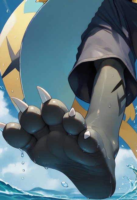 <lora:SlimesZeraora:1>, score_9, score_8_up, score_7_up, slimes_zeraora, solo, dark feet, 3 toes, foot focus, feet style, foot style, water, surfing, feet on surfboard, wet on feet, close-up