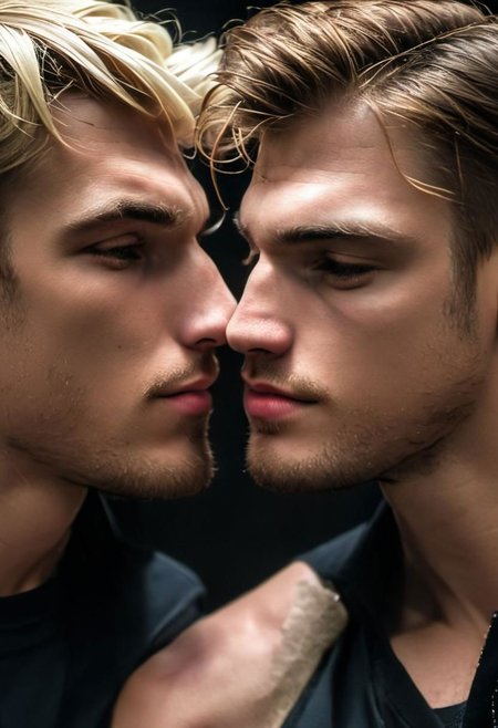 kyle ross, male focus, 2men, two handsome 18yo platinum blonde twinks embracing and kissing, close up of faces kissing, holding each other from behind, hugging from behind, face focus, dynamic posture, dramatic angle, camera angle from below, shirtless, stubble, hands on hip, black dog collar, black neck collar, long chain necklace, shirtless, kinky,
skinny muscled, slender muscled, skinny, slender features, narrow shoulders, detailed armband tattoo, cute face, boyish face, perfect biceps, bicep veins, bulging veins, defined veins, great pecs, thin waist, angular face, strong and powerful, sporty, predatory look, feathered hair, long hair, shoulder length hair, great detail, satisfaction, blue eyes, bubble butt, small ass, small butt, tight shorts, 
(Masterpiece, high quality:1.3), masterpiece, depth of field, bokeh, detailed, homoerotic, (homoerotic), highly detailed, sharp focus, intricate, smooth, elegant, fantasy, cinematic lighting, cinematic, masterpiece, matte, photorealistic, 4k, beautiful, volumetric lighting, dramatic, photo-realistic, life-like, high detail, lighting, 8Knematic lighting, 8K, contrast lighting, contrasting lighting, cinematic lighting,