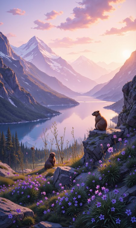 Ethereal mountain meadow at twilight, bathed in soft lavender and golden hues. Delicate alpine wildflowersâgentians, edelweiss, and forget-me-notsâsway gently in the cool breeze. Misty tendrils curl around weathered boulders, their surfaces adorned with patches of vibrant lichen. A distant glacial lake reflects the fading sunlight, creating a mirror-like surface. Majestic snow-capped peaks loom in the background, their silhouettes sharp against the pastel sky. Fireflies emerge, their bioluminescent dance adding a magical quality to the scene. A lone marmot observes from atop a rocky outcrop, its fur catching the last golden rays. Wispy cirrus clouds streak across the horizon, painted in vivid oranges and pinks. Intricate details, photorealistic quality, atmospheric depth, golden hour lighting, 8K resolution. <lora:Liquid_Clothes_v2:1.0> <lora:Semi-realisticPortraitPainting:0.5> <lora:flux_dev:1>