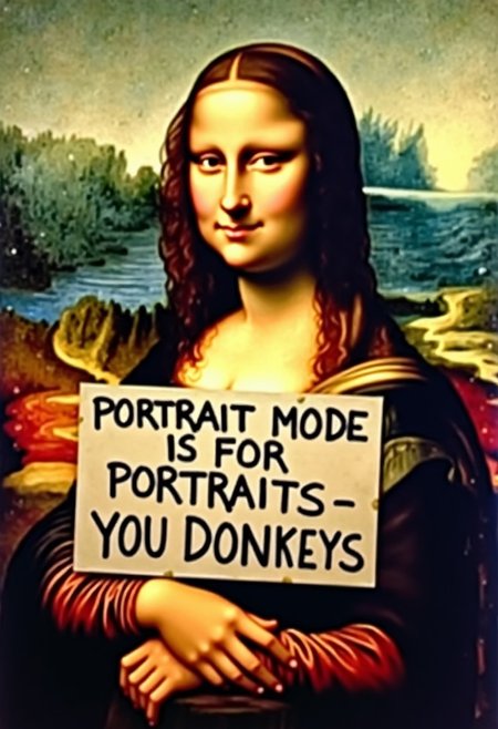 the 'Mona Lisa' woman from the "Mona Lisa painting,  holding a sign that reads; "PORTRAIT MODE IS FOR PORTRAITS -- YOU DONKEYS"