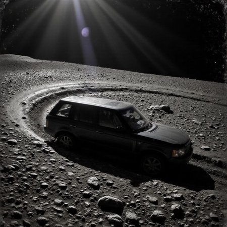 A hyperrealistic analog-style photo of a Range Rover L322 reimagined as a spacecraft, gliding through the dense, chaotic rings of a distant planet. The vehicle, sleek yet rugged, appears side-on, with its silhouette blending into the monochromatic tones of the scene. Surrounding it are countless fragments of icy and rocky debris, captured in a swirling, dynamic motion as the car-ship carves a path through the dense rings. The photograph is grainy and heavily dust-laden, with visible scratches and imperfections on the lens, adding to its raw, unpolished aesthetic. The lighting is dim, with muted gray tones dominating the palette, creating a stark, ethereal ambiance. The soft glow of distant starlight reflects faintly off the vehicle's surface, emphasizing its resilience amidst the harsh environment. The surreal combination of a terrestrial machine traversing a cosmic phenomenon evokes a sense of awe and otherworldly adventure, as if taken from an amateur camera during an unprecedented space exploration mission. mad-nbla, N4sa, N4sa, aidmaimageupgrader