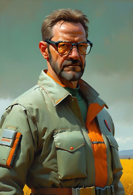 "Tool"'s Album Cover style.
Portrait of "Gordon Freeman".
By "Simon Stalenhag".
Life-like details.
Cinematic. 
Dramatic. 
Dynamic. 
Extremely refined lines and and shapes.
Extremely refined details on objects.
Sharp details.
Wide range of colors.
Many details everywhere. Ray-Tracing. Anti-Aliasing. Realistic soft shadows. Low saturation colors. Insane quality. Insane resolution. Insane details. Masterpiece. 32k resolution.
