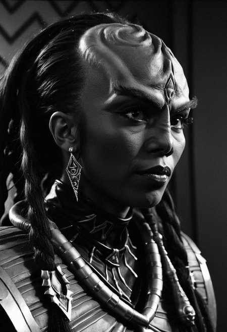 Monochrome portrait photography, extreme close-up, female klingon, strong brow ridges, dark brown skin, proud expression, ornate forehead crest, ritual markings, traditional klingon jewelry, warrior dreadlocks, sharp features, intense eyes, deep shadows, single light source from the side, intense gaze, high contrast, Hasselblad 500C/M with 80mm lens, Ilford Pan F Plus 50, dramatic lighting, cinematic, 8k --ar 2:3 --style raw