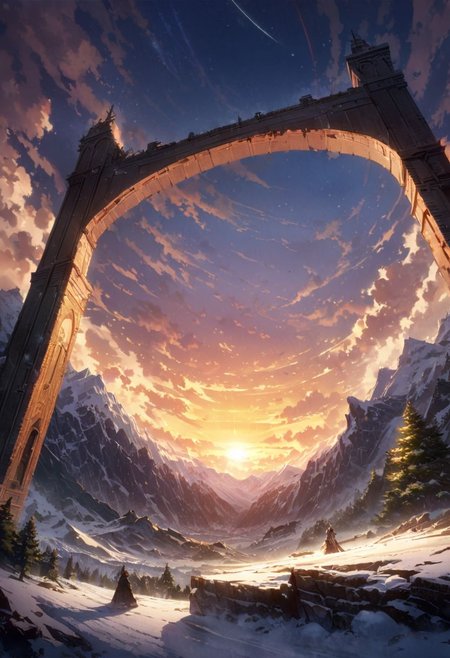 detailed background, valhalla, giant valhalla's gate, golden gate, intrincate gate, closed gate, norse, auroras amongst snowy greenery, beautiful view, giant mountains, fantastic, early morning, sunset sky, beautiful clouds, dappled sunlight, outdoor seating, Snow-capped mountains, white clouds, depth of field, masterpiece, best quality, ultra-detailed, very aesthetic, illustration, perfect composition, intricate details, absurdres, moody lighting, wisps of light, RAW Photography, lens flare, low wide angle,, (sharpness in detail:1.1), Canon EOS 5D Mark IV, masterpiece, (iconic photograph:1.4), (visual storytelling:1.2), film grain, award winning
