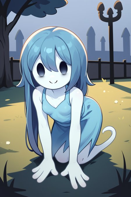 score_9, score_8_up, nsfw, score_7_up, <lora:Spooky:0.9>  spooky (sjm), ghost girl, solid oval eyes, smile, transparent, colored skin, long blue hair, small breasts, blue dress, solo, on all fours,, grass, park,,
