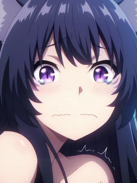 <lora:Delta_Character:0.8>delta, 1girl, solo, black long hair, purple eyes, purple whisker marks, black wolf ears, bare shoulders, scared, tears, flushed face, trembling lips, close-up, looking at viewer, side blue light